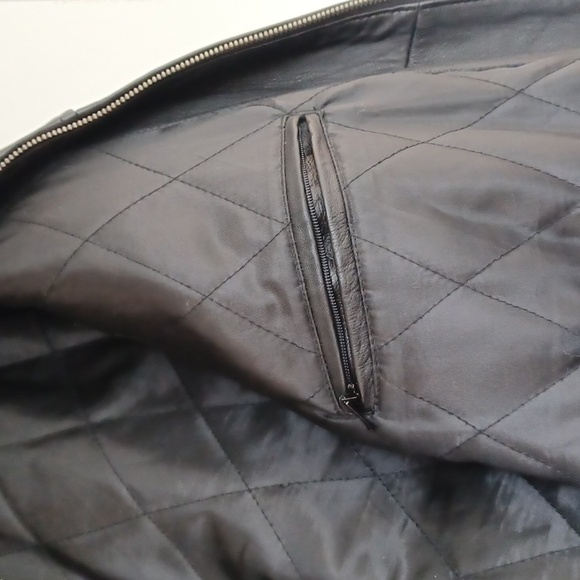 Mens Custom leather motorcycle jacket XL. Black w/ double cream white stripes. - Picture 5 of 9